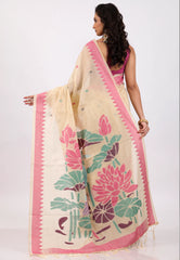 Beige with Rani Border Tussar Silk Saree with Blouse Piece - Adi Akshoy & Co.