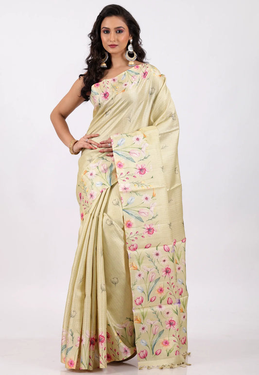Floral Cream Color Pure Tussar Silk Saree with Blouse Piece - Adi Akshoy & Co.