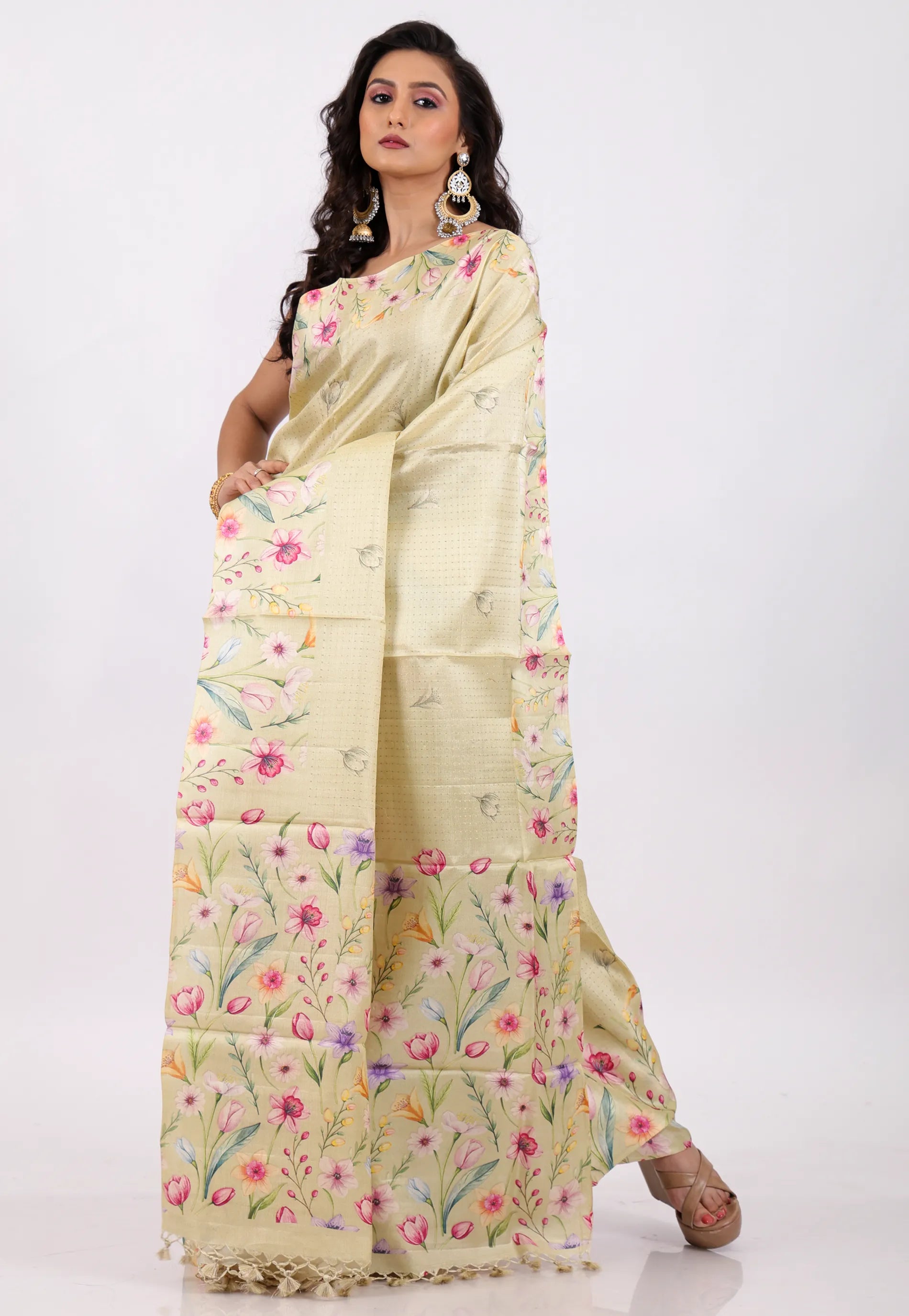 Floral Cream Color Pure Tussar Silk Saree with Blouse Piece - Adi Akshoy & Co.