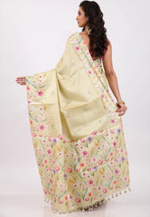 Floral Cream Color Pure Tussar Silk Saree with Blouse Piece - Adi Akshoy & Co.