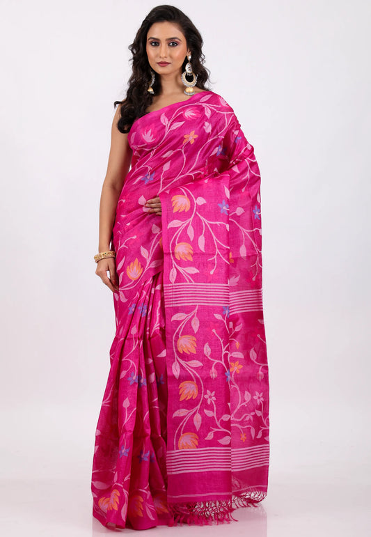 Floral Rani Pure Tussar Dhakai Jamdani Saree with Blouse Piece - Adi Akshoy & Co.