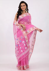 Pink Dhakai Jamdani Cotton Saree without Blouse Piece - Adi Akshoy & Co.