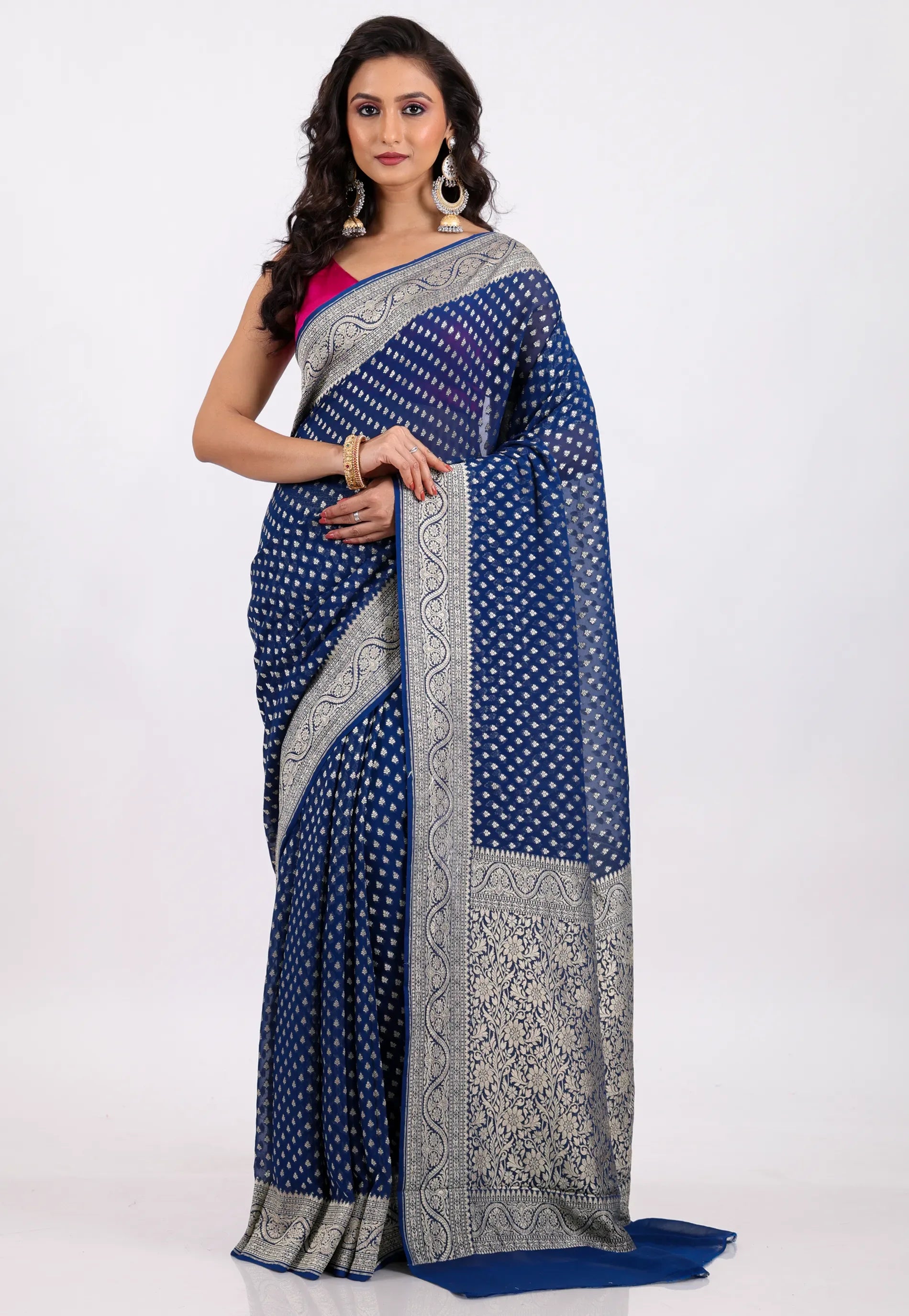 Blue with Zari work Khaddi Georgette Benarasi Saree with Blouse Piece - Adi Akshoy & Co.