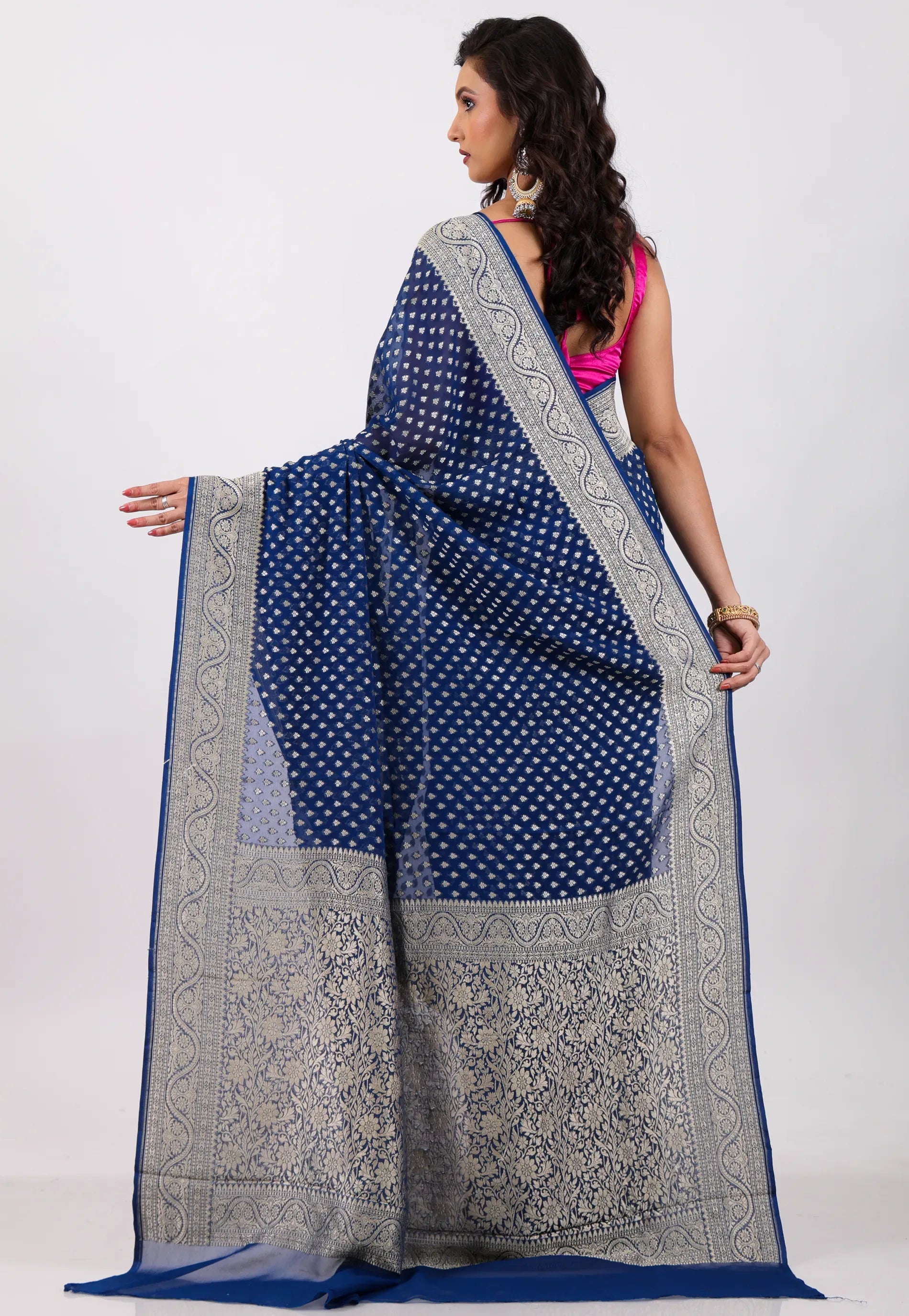 Blue with Zari work Khaddi Georgette Benarasi Saree with Blouse Piece - Adi Akshoy & Co.
