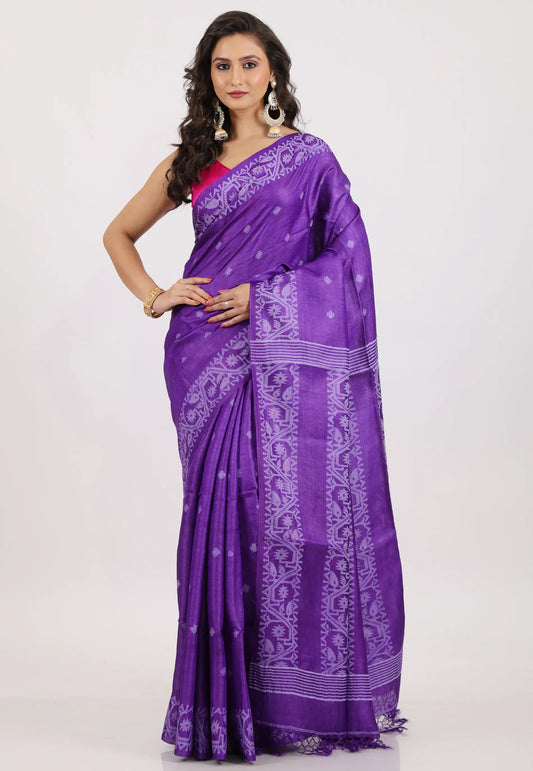 Violet Pure Tussar Dhakai Jamdani Saree with Blouse Piece - Adi Akshoy & Co.
