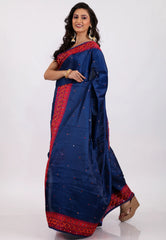 Midnight Blue Handwoven Kantha Silk Saree With Blouse Piece - Adi Akshoy & Co.