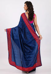 Midnight Blue Handwoven Kantha Silk Saree With Blouse Piece - Adi Akshoy & Co.