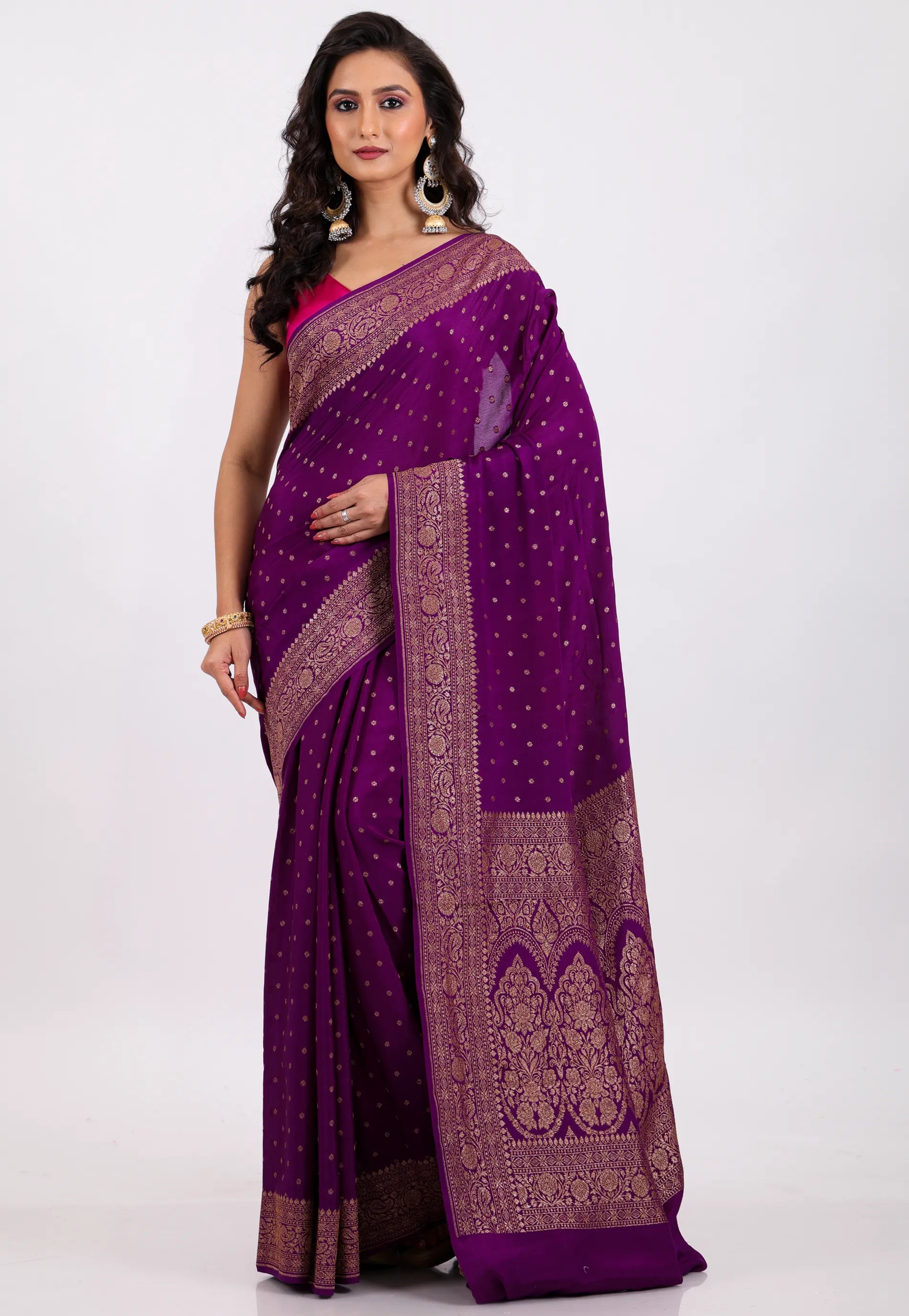 Grape Wine Color with Zari work Khaddi Georgette Benarasi Saree with Blouse Piece - Adi Akshoy & Co.