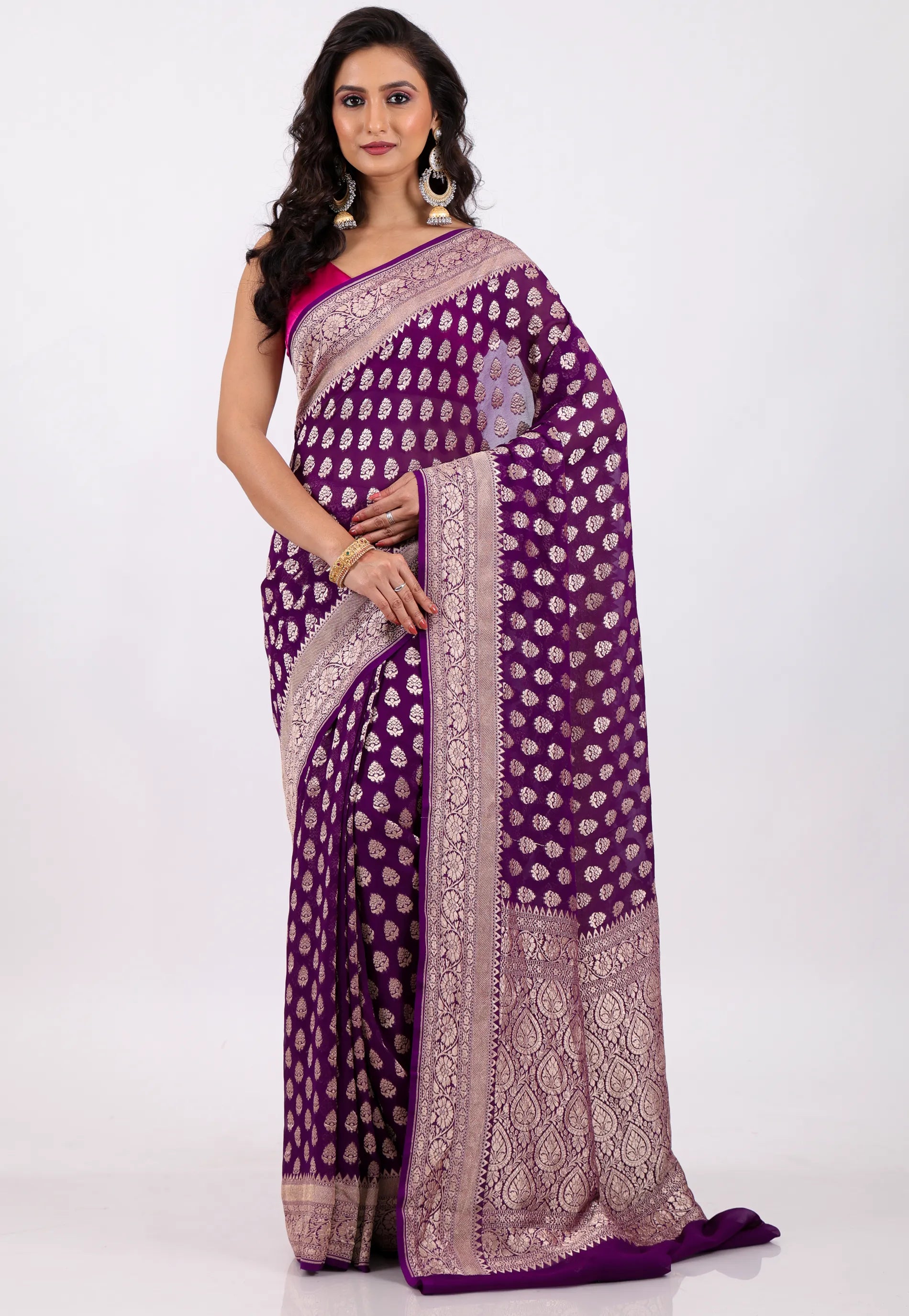 Grape Wine Color with Zari work Khaddi Georgette Benarasi Saree with Blouse Piece - Adi Akshoy & Co.