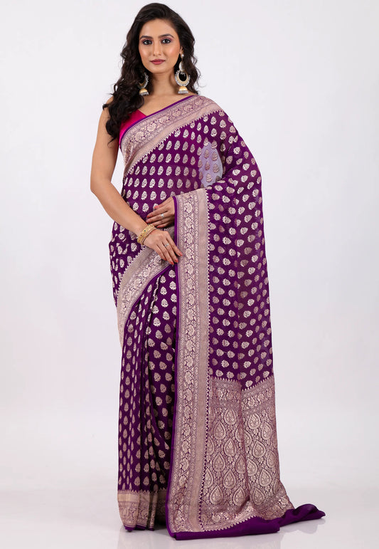 Grape Wine Color with Zari work Khaddi Georgette Benarasi Saree with Blouse Piece - Adi Akshoy & Co.