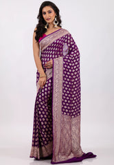 Grape Wine Color with Zari work Khaddi Georgette Benarasi Saree with Blouse Piece - Adi Akshoy & Co.