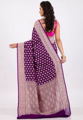 Grape Wine Color with Zari work Khaddi Georgette Benarasi Saree with Blouse Piece - Adi Akshoy & Co.