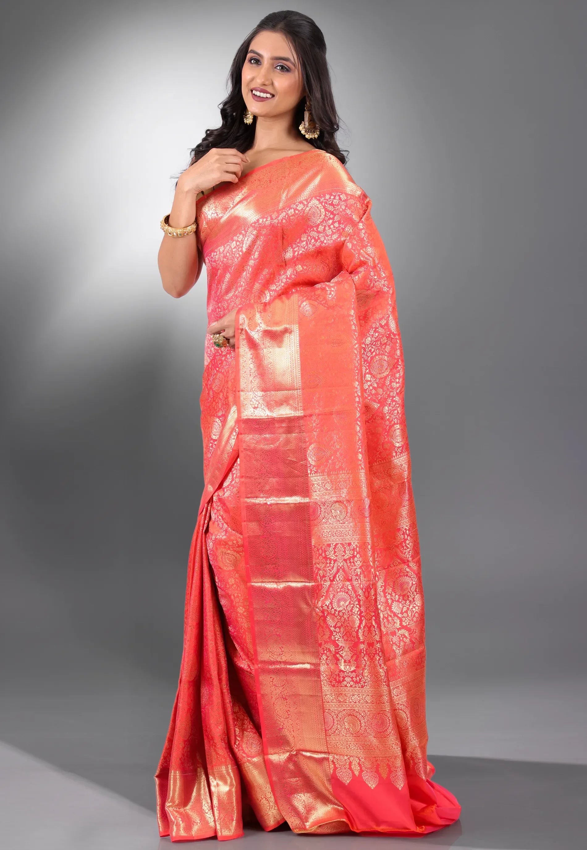 Peach Brocade Pure Kanjivaram Silk Saree With Blouse Piece - Adi Akshoy & Co.