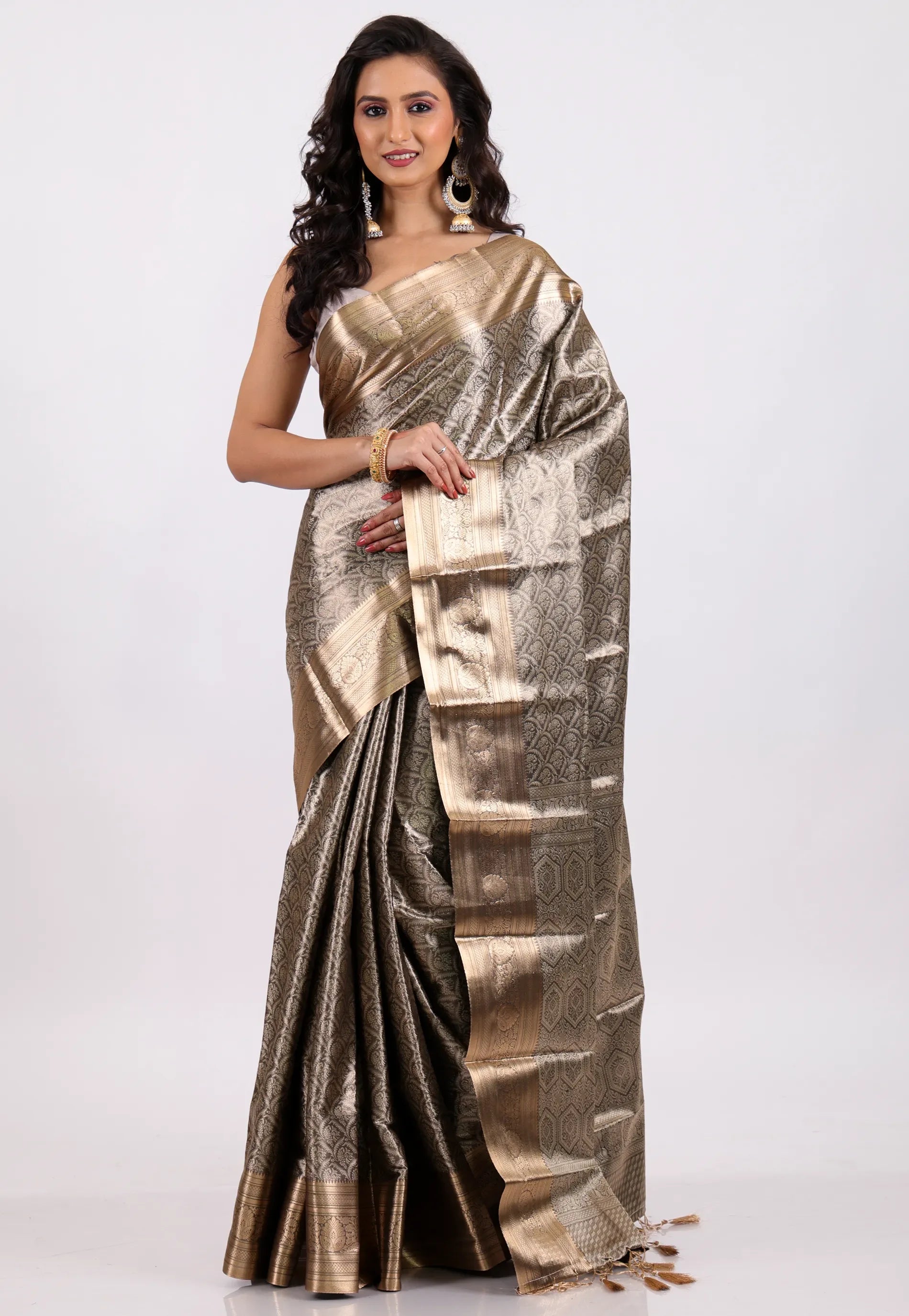 Grey Brocade Kanjivaram Silk Saree With Blouse Piece - Adi Akshoy & Co.