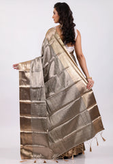 Grey Brocade Kanjivaram Silk Saree With Blouse Piece - Adi Akshoy & Co.