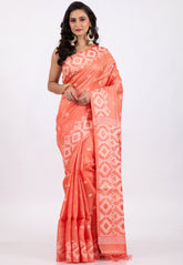Peach Colour Pure Tussar Dhakai Jamdani Saree with Blouse Piece - Adi Akshoy & Co.