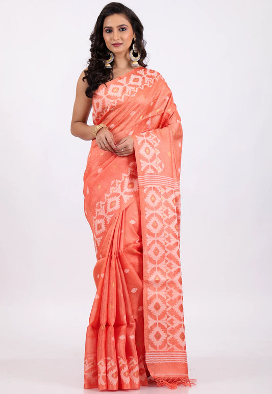 Peach Colour Pure Tussar Dhakai Jamdani Saree with Blouse Piece - Adi Akshoy & Co.