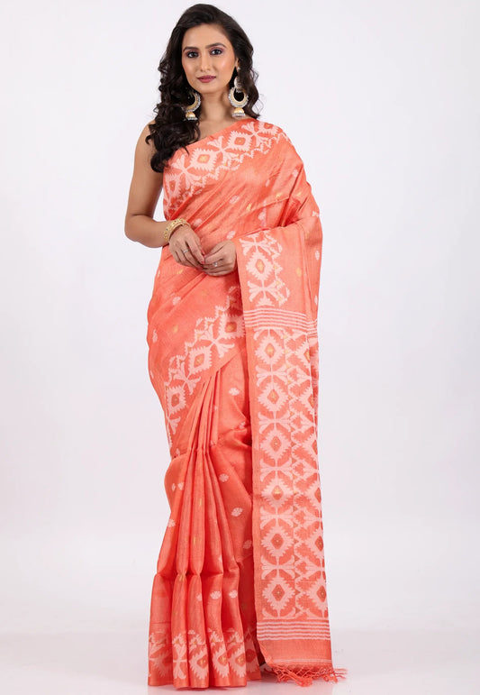 Peach Colour Pure Tussar Dhakai Jamdani Saree with Blouse Piece - Adi Akshoy & Co.