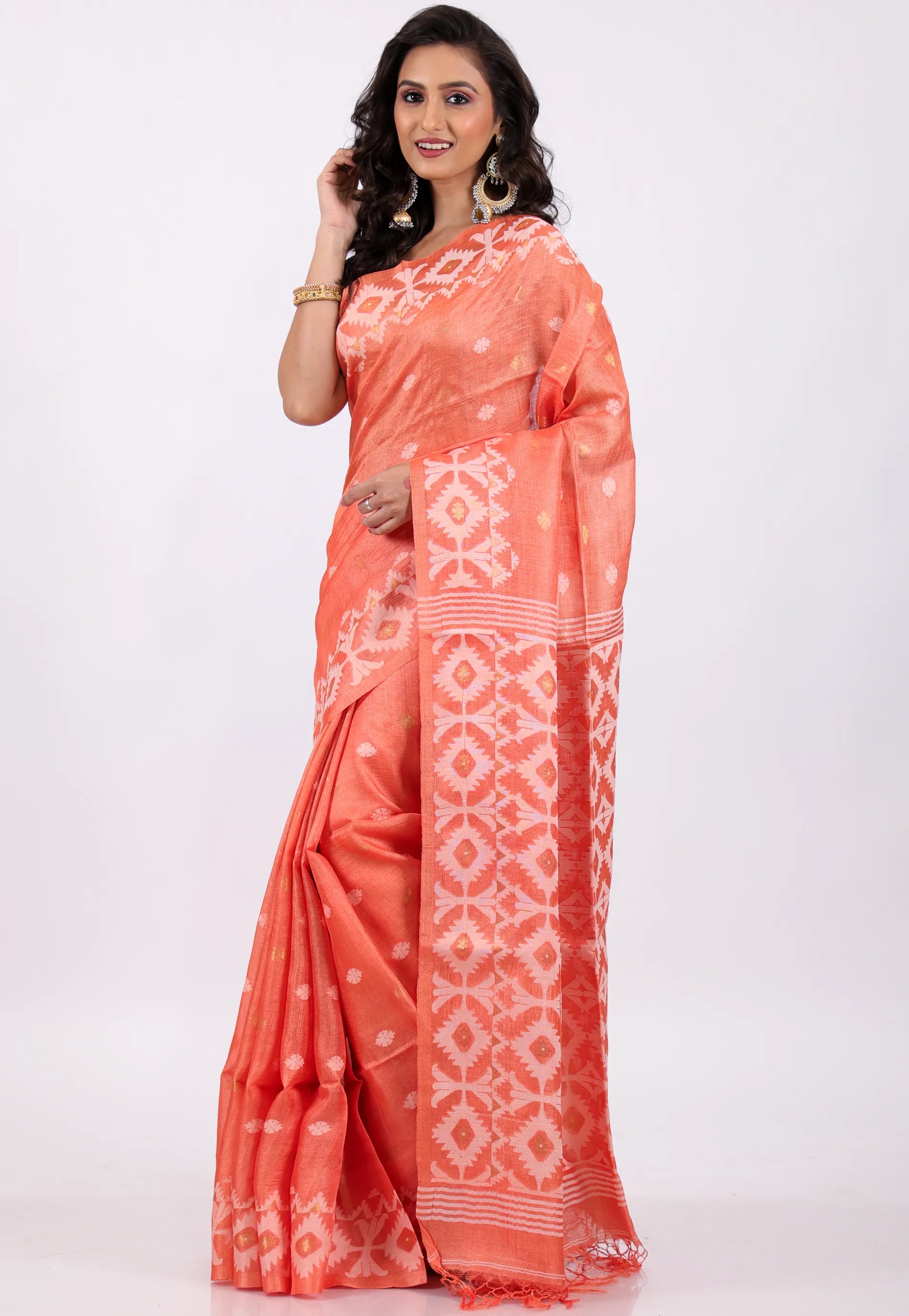 Peach Colour Pure Tussar Dhakai Jamdani Saree with Blouse Piece - Adi Akshoy & Co.