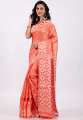 Peach Colour Pure Tussar Dhakai Jamdani Saree with Blouse Piece - Adi Akshoy & Co.