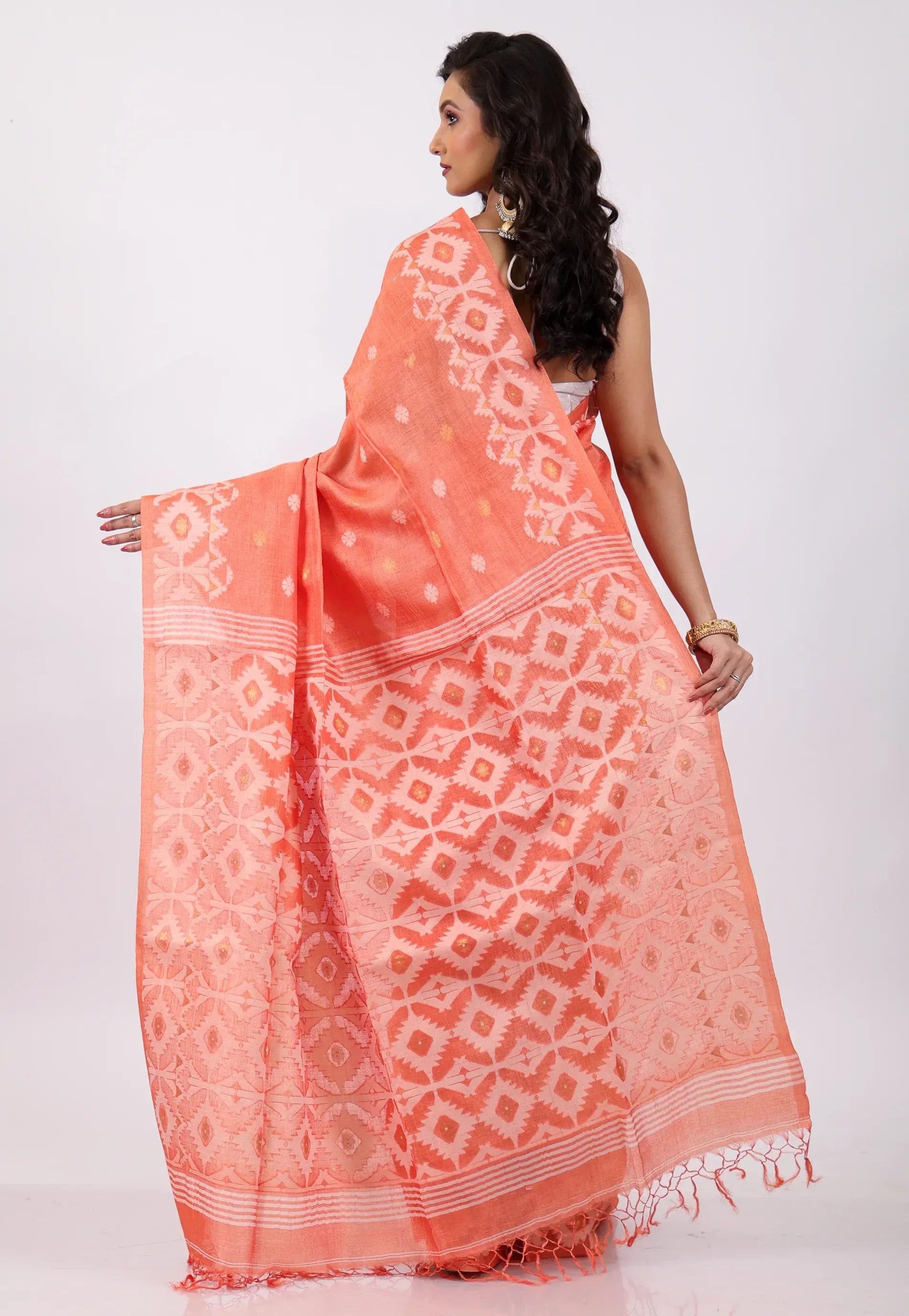 Peach Colour Pure Tussar Dhakai Jamdani Saree with Blouse Piece - Adi Akshoy & Co.