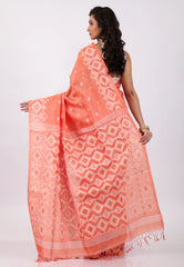 Peach Colour Pure Tussar Dhakai Jamdani Saree with Blouse Piece - Adi Akshoy & Co.