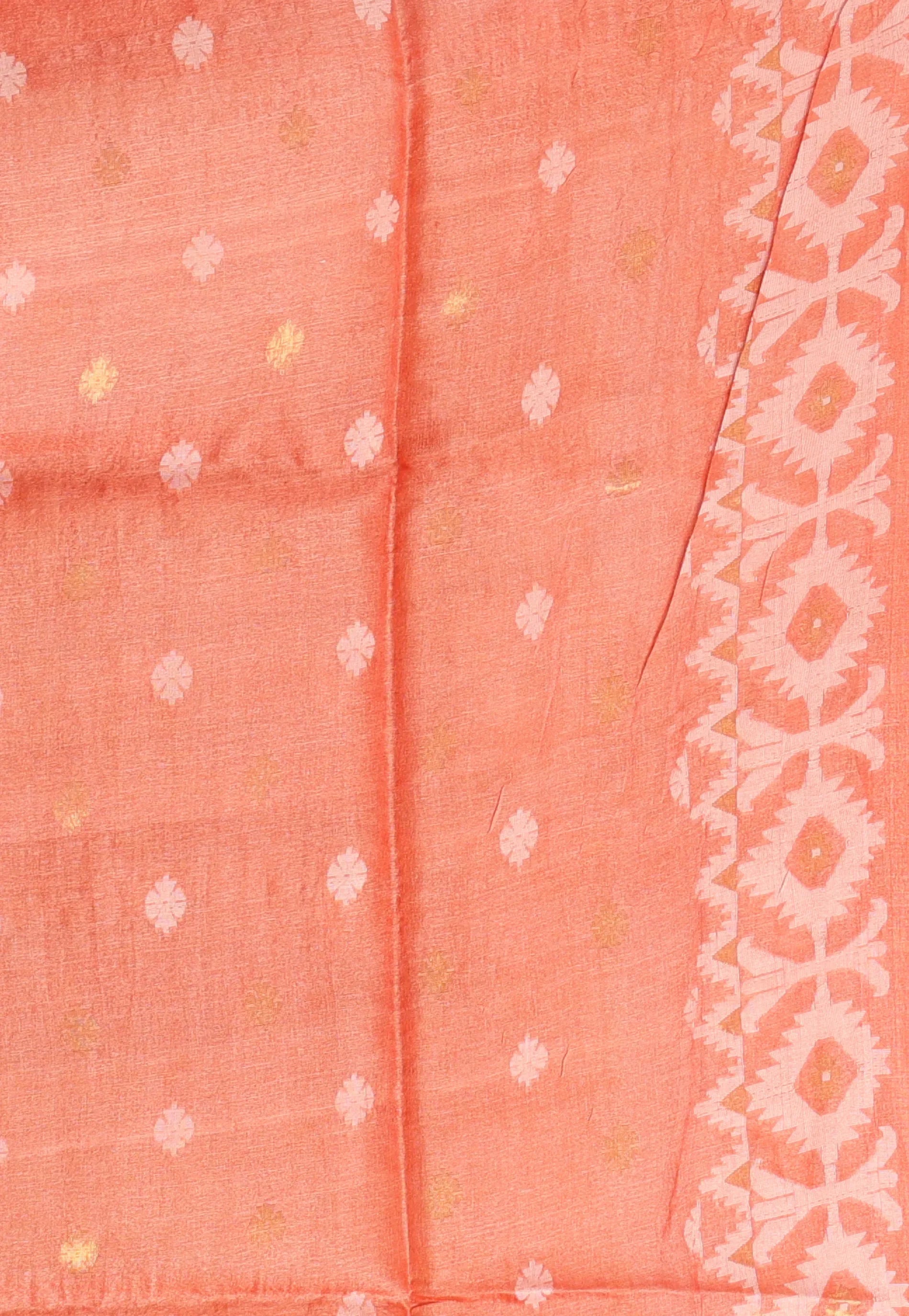 Peach Colour Pure Tussar Dhakai Jamdani Saree with Blouse Piece - Adi Akshoy & Co.
