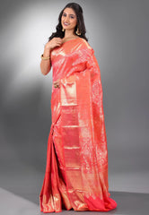 Peach Brocade Pure Kanjivaram Silk Saree With Blouse Piece - Adi Akshoy & Co.