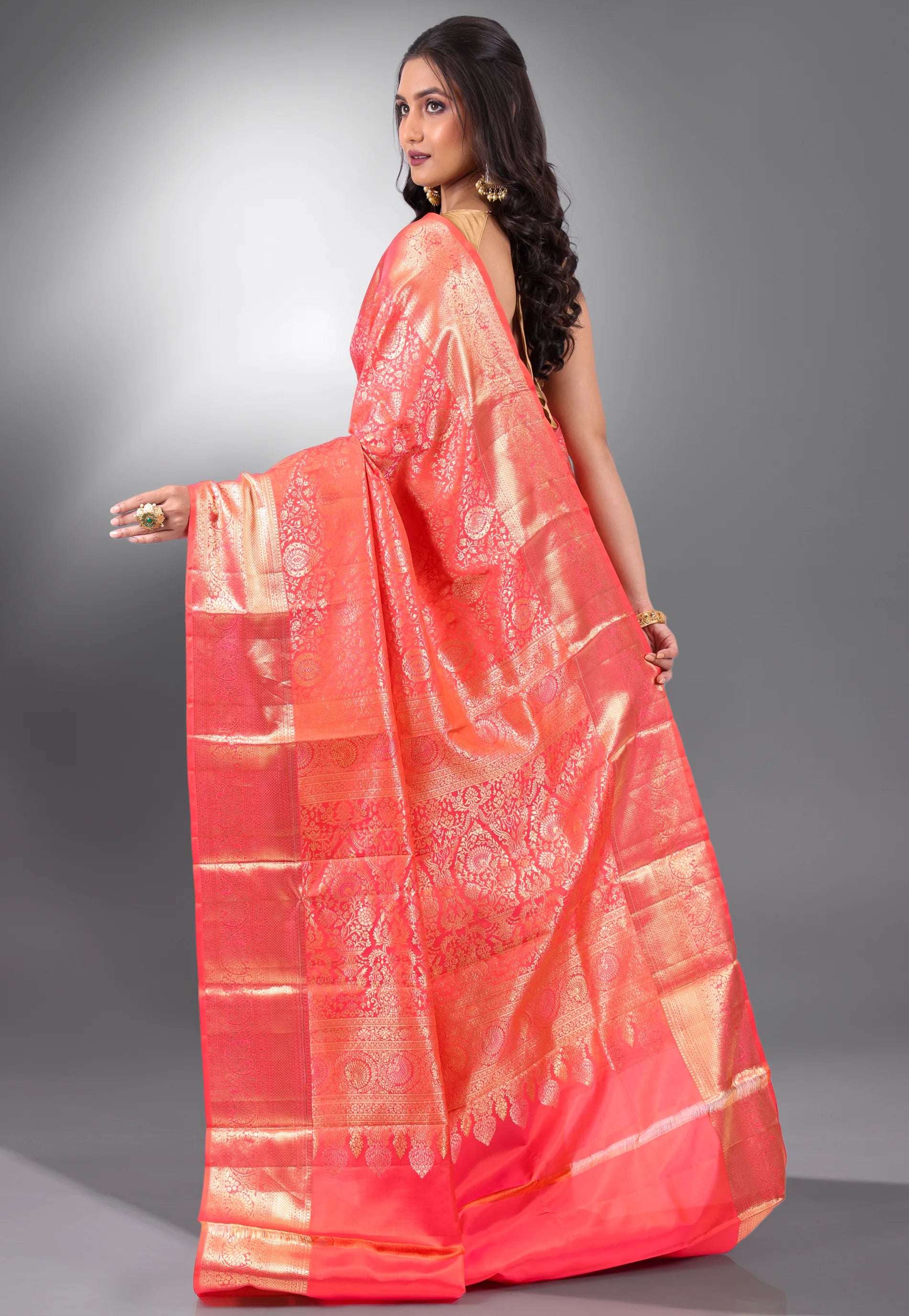 Peach Brocade Pure Kanjivaram Silk Saree With Blouse Piece - Adi Akshoy & Co.