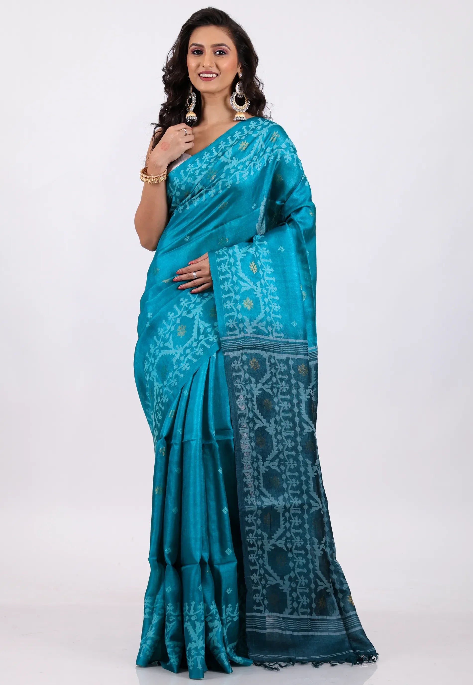 Peacock Blue Pure Tussar Dhakai Jamdani Saree with Blouse Piece - Adi Akshoy & Co.