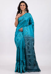 Peacock Blue Pure Tussar Dhakai Jamdani Saree with Blouse Piece - Adi Akshoy & Co.