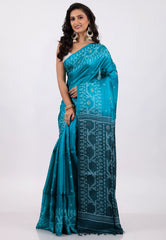 Peacock Blue Pure Tussar Dhakai Jamdani Saree with Blouse Piece - Adi Akshoy & Co.