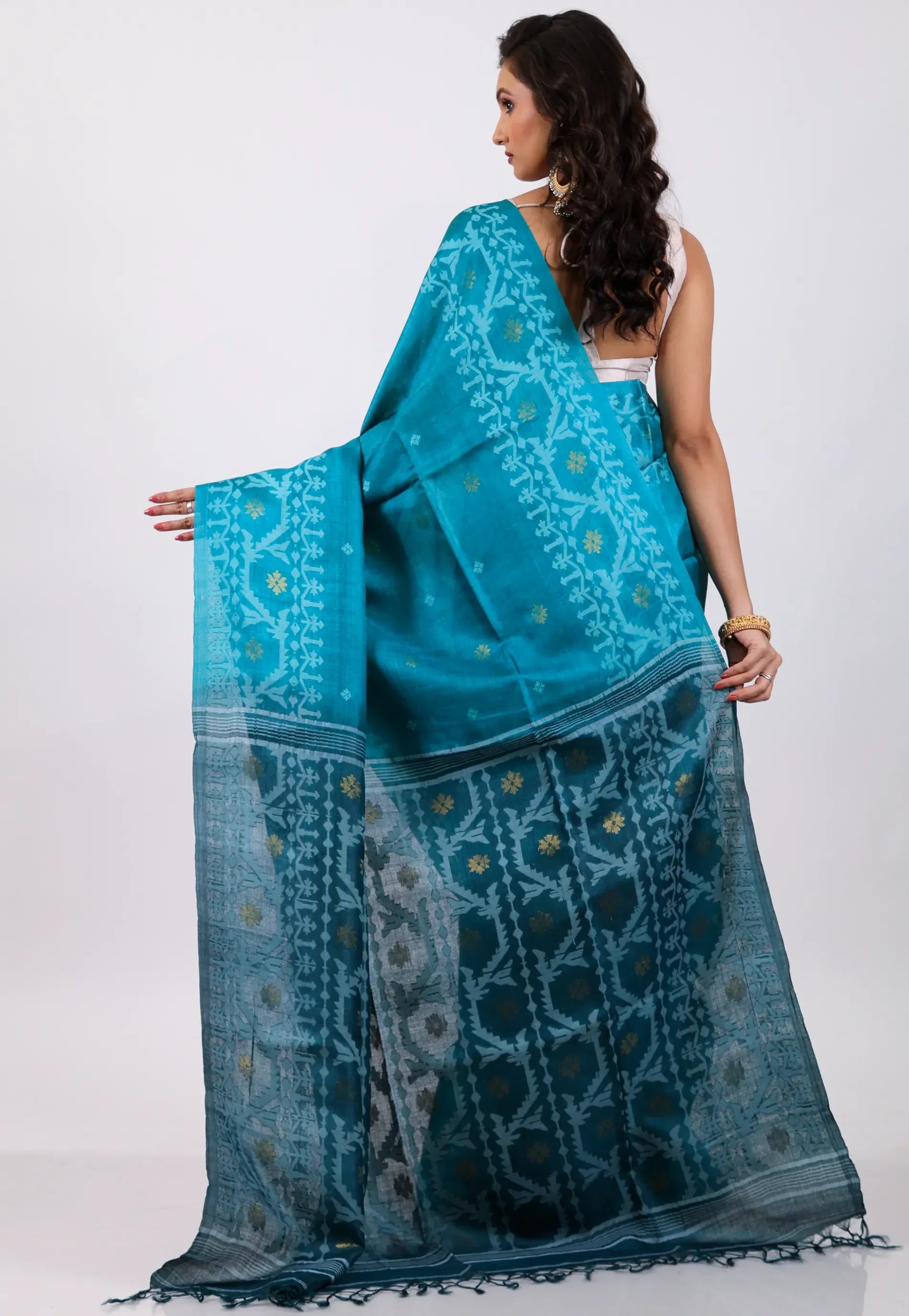 Peacock Blue Pure Tussar Dhakai Jamdani Saree with Blouse Piece - Adi Akshoy & Co.