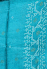 Peacock Blue Pure Tussar Dhakai Jamdani Saree with Blouse Piece - Adi Akshoy & Co.