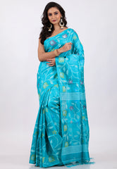 Blue Pure Tussar Dhakai Jamdani Saree with Blouse Piece - Adi Akshoy & Co.