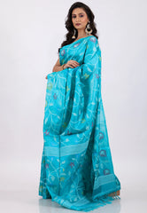 Blue Pure Tussar Dhakai Jamdani Saree with Blouse Piece - Adi Akshoy & Co.