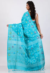 Blue Pure Tussar Dhakai Jamdani Saree with Blouse Piece - Adi Akshoy & Co.
