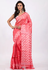 Vibrant Pink Pure Tussar Dhakai Jamdani Saree with Blouse Piece - Adi Akshoy & Co.