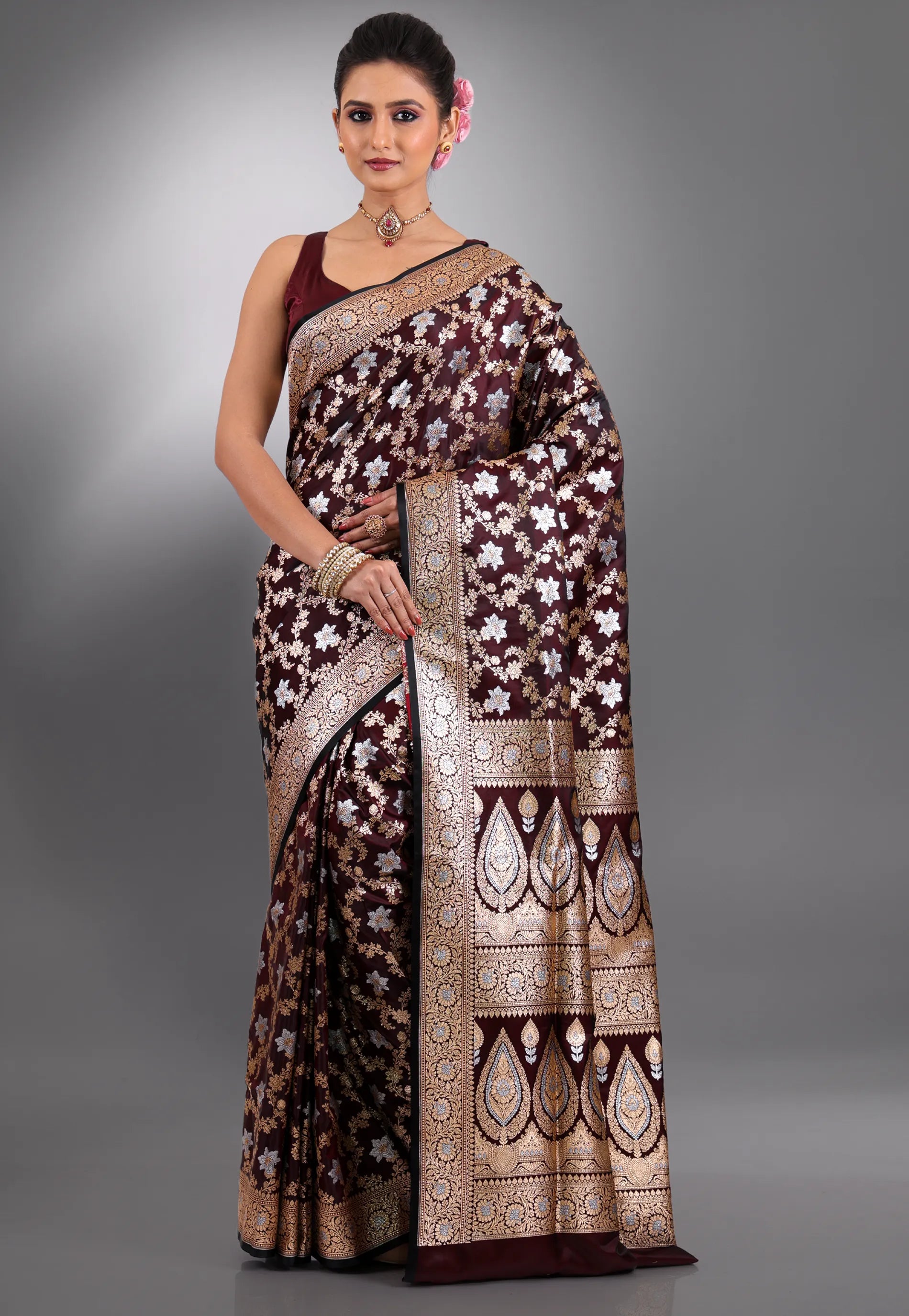 Maroon with Zari work Wedding Banarasi Saree with Blouse Piece - Adi Akshoy & Co.