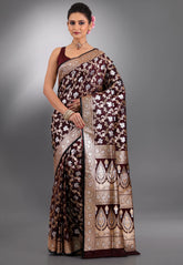 Maroon with Zari work Wedding Banarasi Saree with Blouse Piece - Adi Akshoy & Co.