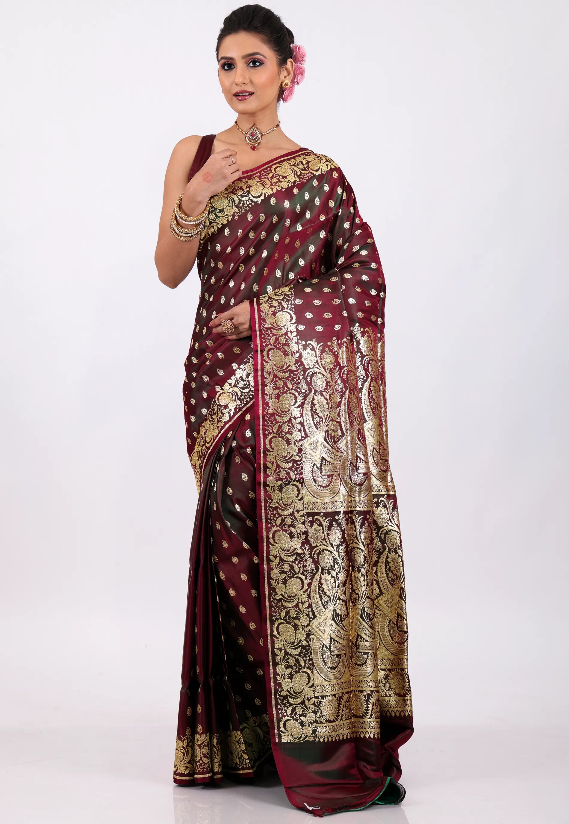 Wine Colour with Golden Zari work Wedding Banarasi Saree with Blouse Piece - Adi Akshoy & Co.