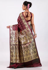 Wine Colour with Golden Zari work Wedding Banarasi Saree with Blouse Piece - Adi Akshoy & Co.