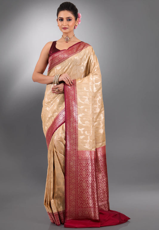 Beige with Magenta Border Tussar Silk Saree with Blouse Piece - Adi Akshoy & Co.