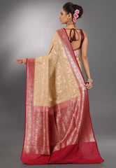 Beige with Magenta Border Tussar Silk Saree with Blouse Piece - Adi Akshoy & Co.