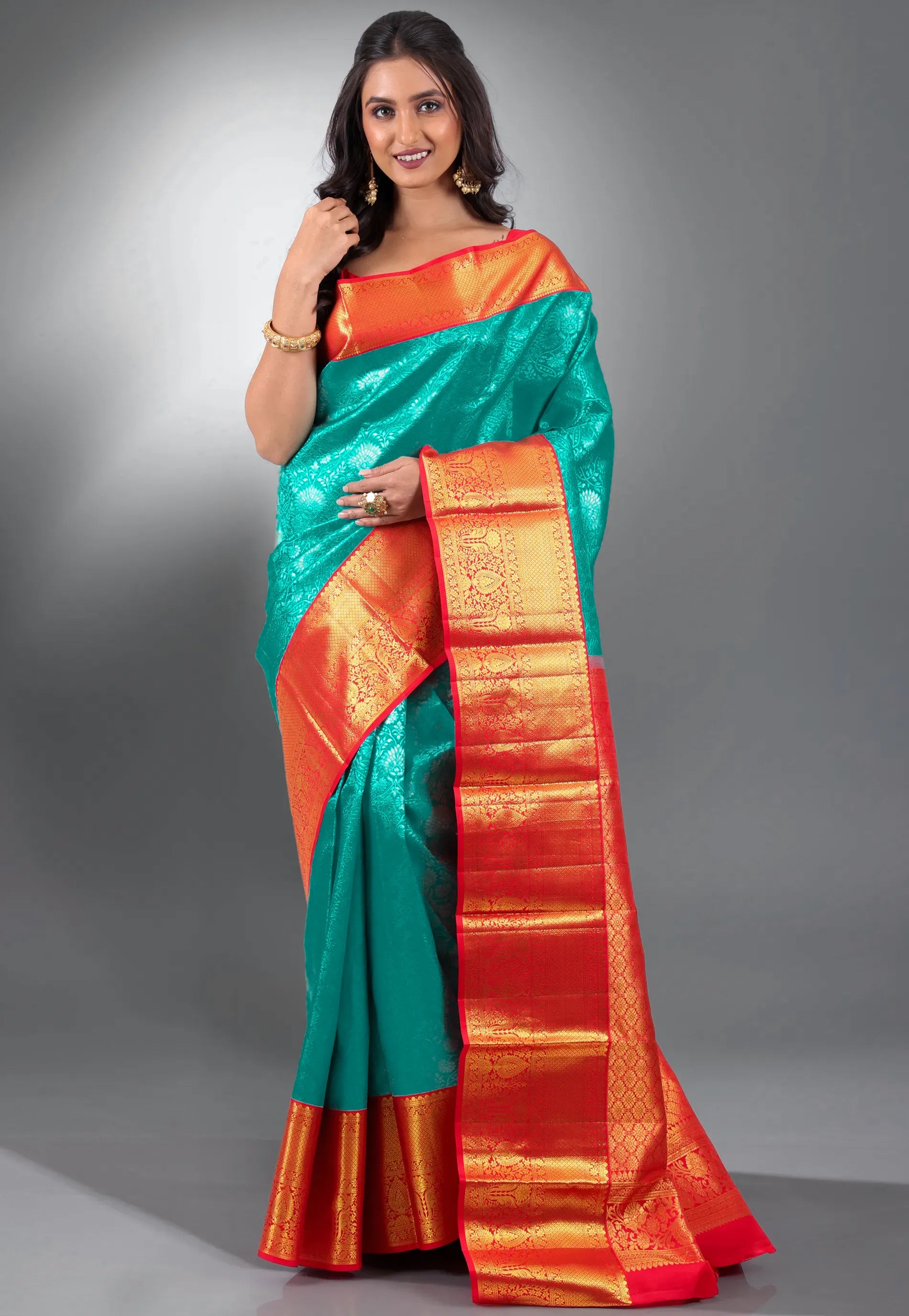 Ramma Green with Red Border Pure Kanjivaram Silk Saree With Blouse Piece - Adi Akshoy & Co.
