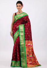 Maroon with Green Border Pure Paithani Silk Saree With Blouse Piece - Adi Akshoy & Co.