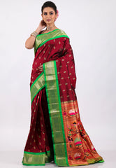 Maroon with Green Border Pure Paithani Silk Saree With Blouse Piece - Adi Akshoy & Co.