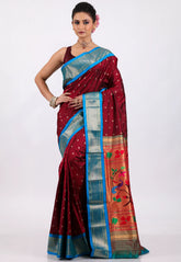 Maroon with Blue Border Pure Paithani Silk Saree With Blouse Piece - Adi Akshoy & Co.