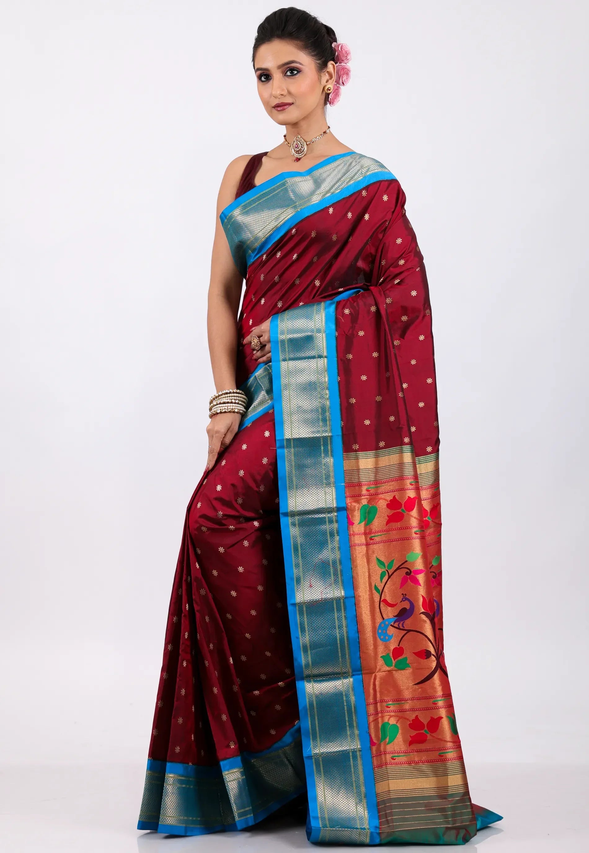 Maroon with Blue Border Pure Paithani Silk Saree With Blouse Piece - Adi Akshoy & Co.