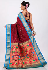 Maroon with Blue Border Pure Paithani Silk Saree With Blouse Piece - Adi Akshoy & Co.